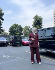 bordo naturel keten blazer takım 2